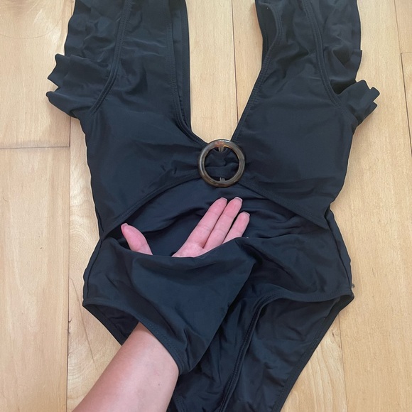 SHEIN | NWOT | Black Ruffled Shoulder Cut Out Once Piece Swim Suit - Picture 3 of 8